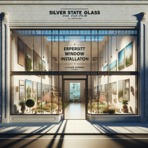 High-quality glass storefront installation with aluminum frames and realistic reflections.
