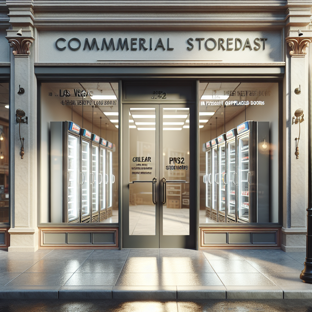 Photo-realistic commercial glass installation with aluminum frame and tempered glass panels reflecting natural light.