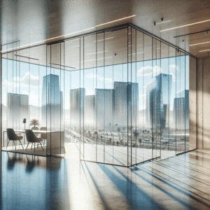 A photo-realistic glass installation in a modern storefront with tempered glass and silicone seams.