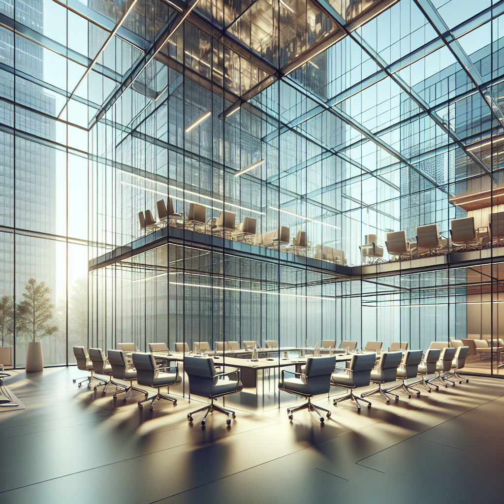 Photo-realistic glass conference room installation with aluminum frame, tempered glass, and natural light reflections.