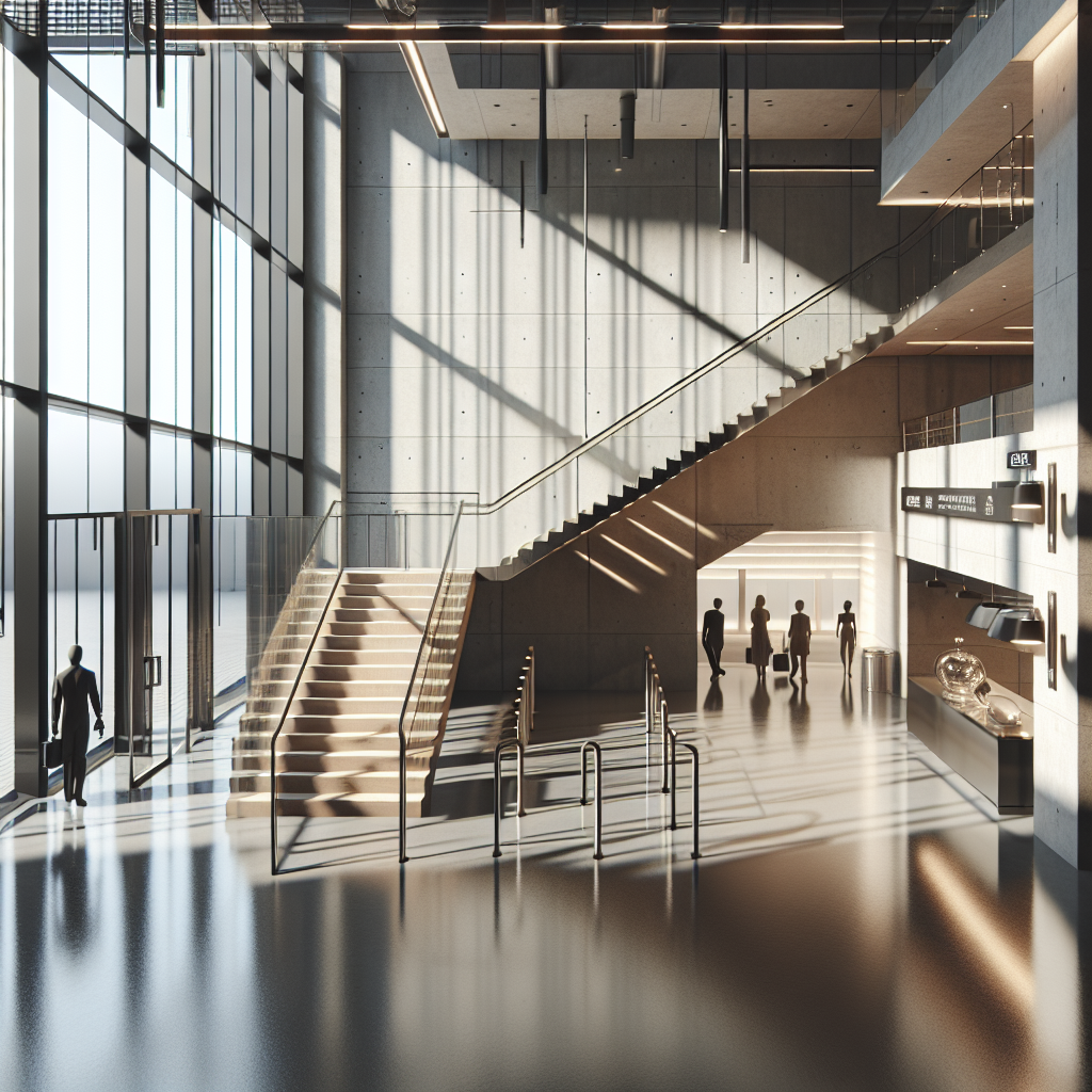 Photo-realistic glass handrail installation with tempered glass panels, aluminum frame, and seamless silicone seams. Enhances natural light and modernizes space.