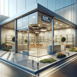 Crystal-clear glass storefront with aluminum frame and sleek, realistic reflections.
