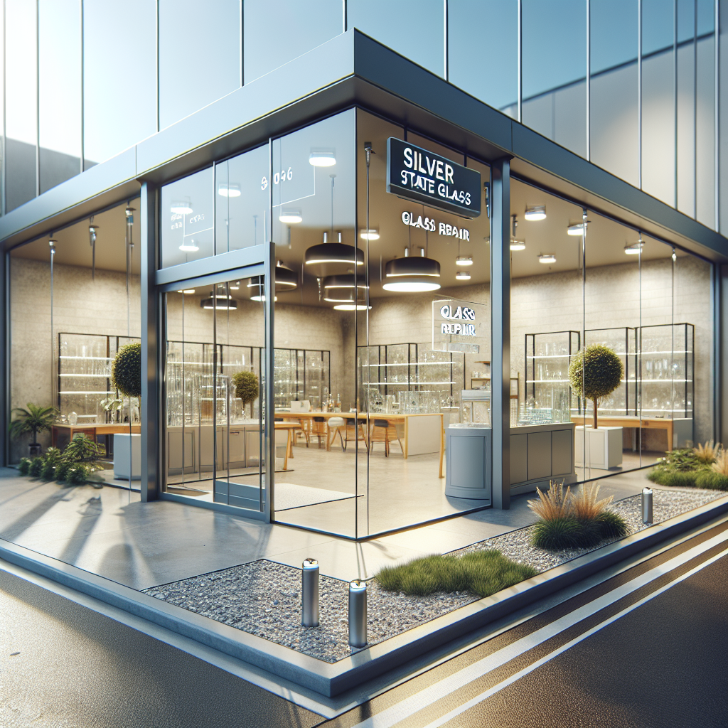 Crystal-clear glass storefront with aluminum frame and sleek, realistic reflections.