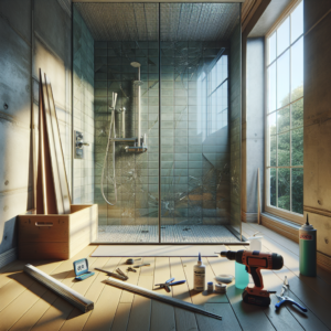 Photo-realistic tempered glass shower wall with sleek aluminum frame and seamless silicone seams. Reflects ambient light for a natural look.