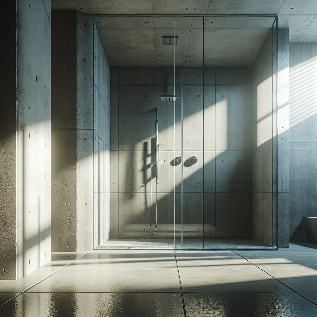 A photo-realistic glass shower wall installation reflecting natural light and featuring silicone seams and an aluminum frame.
