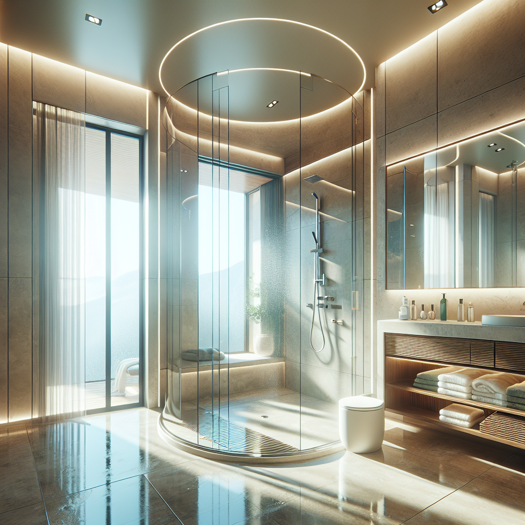 Realistic glass shower wall with sleek aluminum frame, reflecting natural light in modern Las Vegas bathroom.