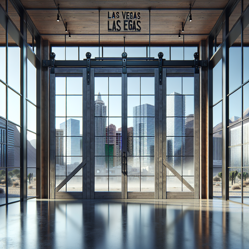 Photo-realistic glass barn door installation in storefront, made of tempered glass with silicone seams and aluminum frame, reflecting light and providing a modern look.