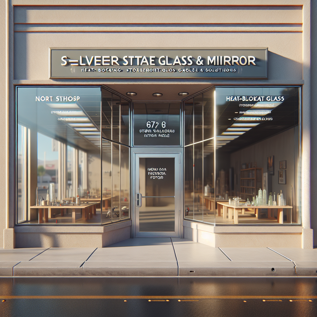Photo-realistic glass storefront installation with aluminum frames and silicone seams, reflecting natural light in 89084 North Las Vegas.