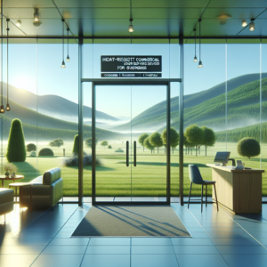 Commercial storefront with realistic tempered glass installation reflecting natural light.