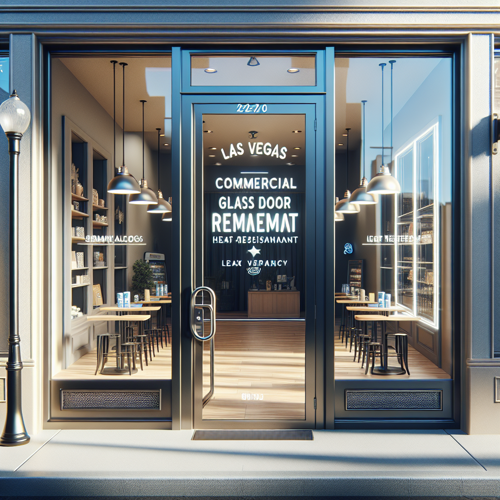Photo-realistic heat-resistant glass storefront installation with aluminum frame and silicone seams, reflecting natural light for Las Vegas businesses.