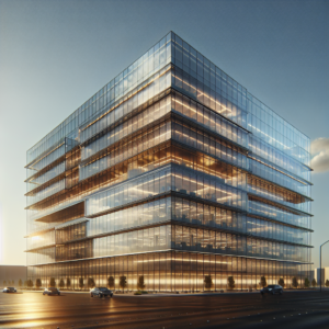 Heat-resistant glass installation in modern office building with aluminum frames and realistic reflections.