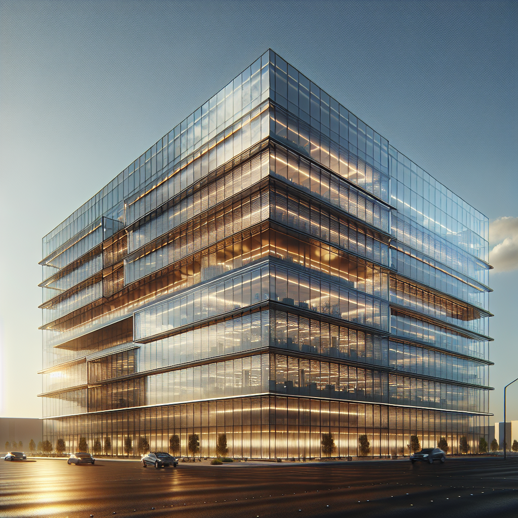 Heat-resistant glass installation in modern office building with aluminum frames and realistic reflections.