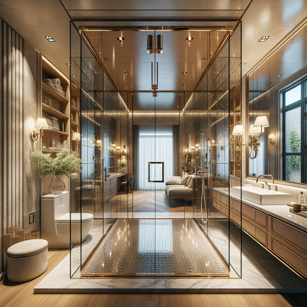 Realistic pivot glass shower door installation with heat-resistant tempered glass and sleek aluminum frame.