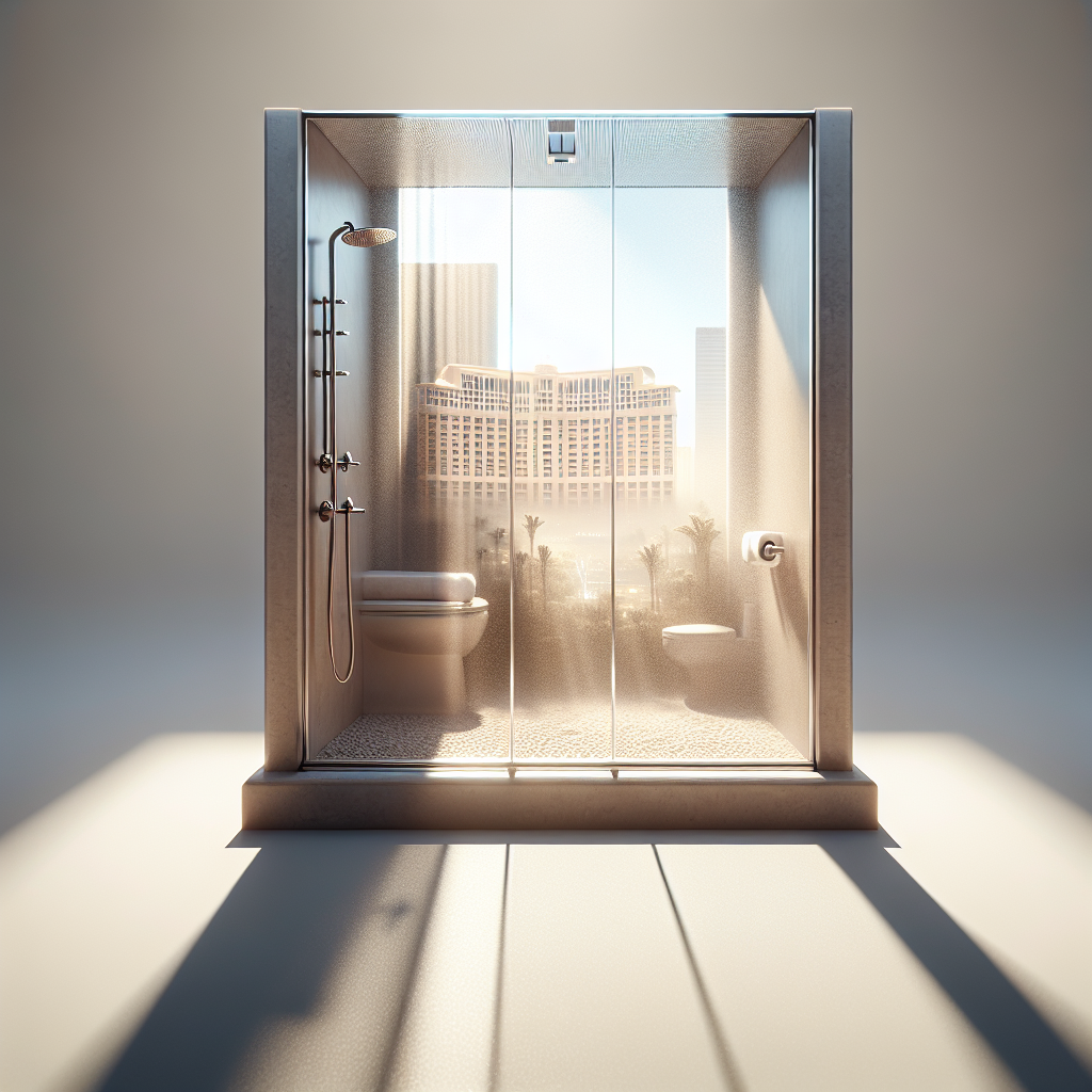 Realistic, photo-quality glass shower door installation with aluminum frame and clear tempered glass.
