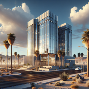 High-durability glass storefront reflects natural light in desert environment.