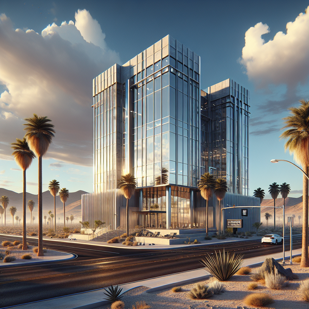 High-durability glass storefront reflects natural light in desert environment.