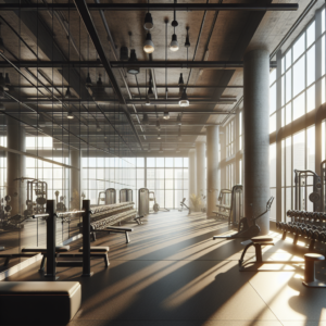Realistic gym mirror wall installation with tempered glass and aluminum frame, reflecting light and creating spacious, bright ambiance.