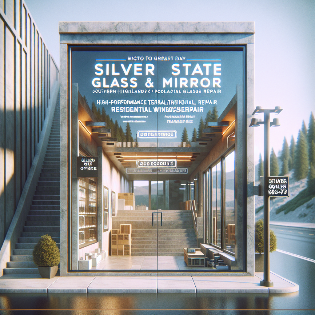 Realistic glass installation in a storefront with aluminum frame and silicone seams.