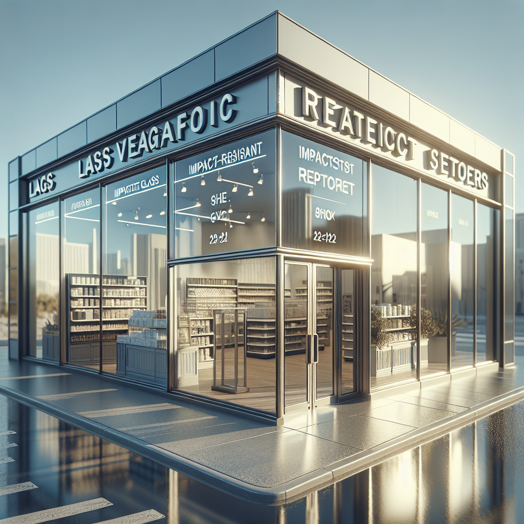 Photo-realistic impact-resistant glass storefront installation with aluminum frame. Reflective surface and natural light.