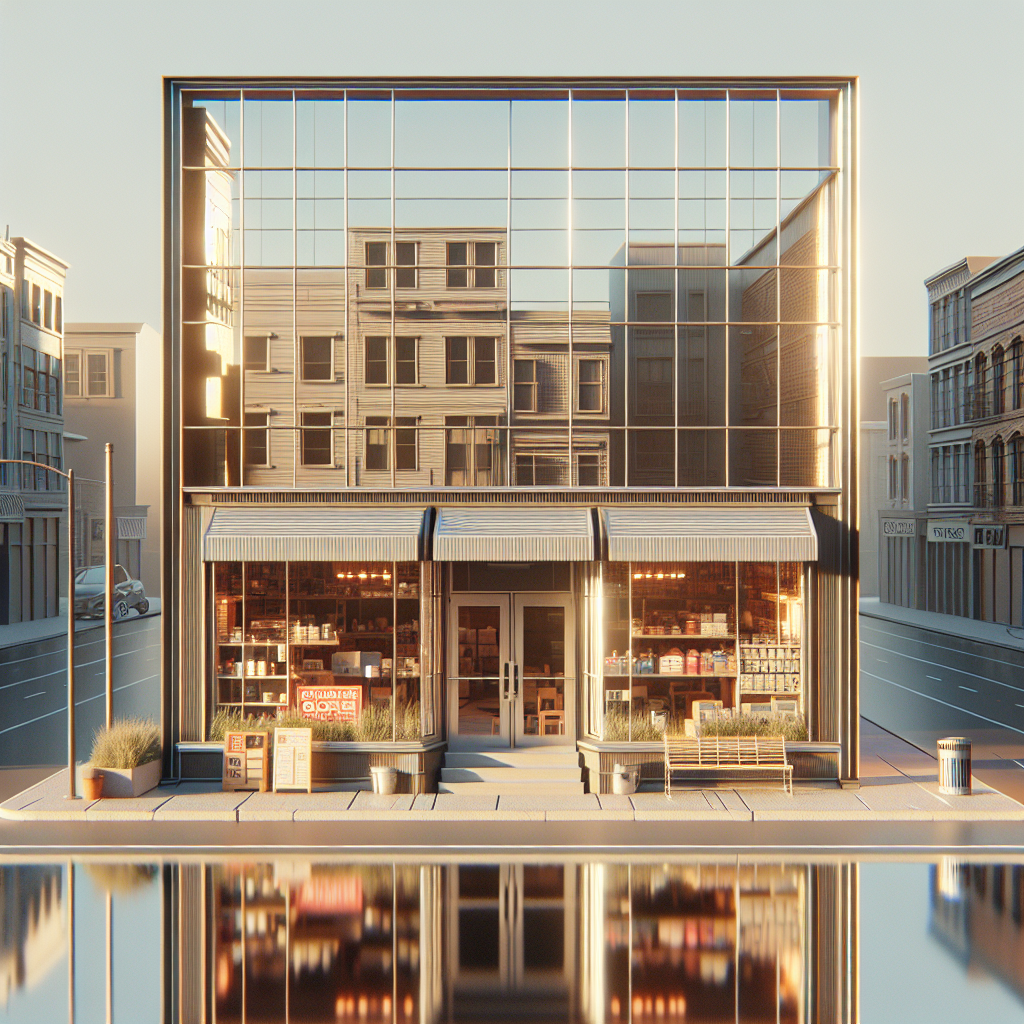 Photo-realistic glass storefront installation with tempered glass, silicone seams, and aluminum frame, reflecting light for a realistic effect.