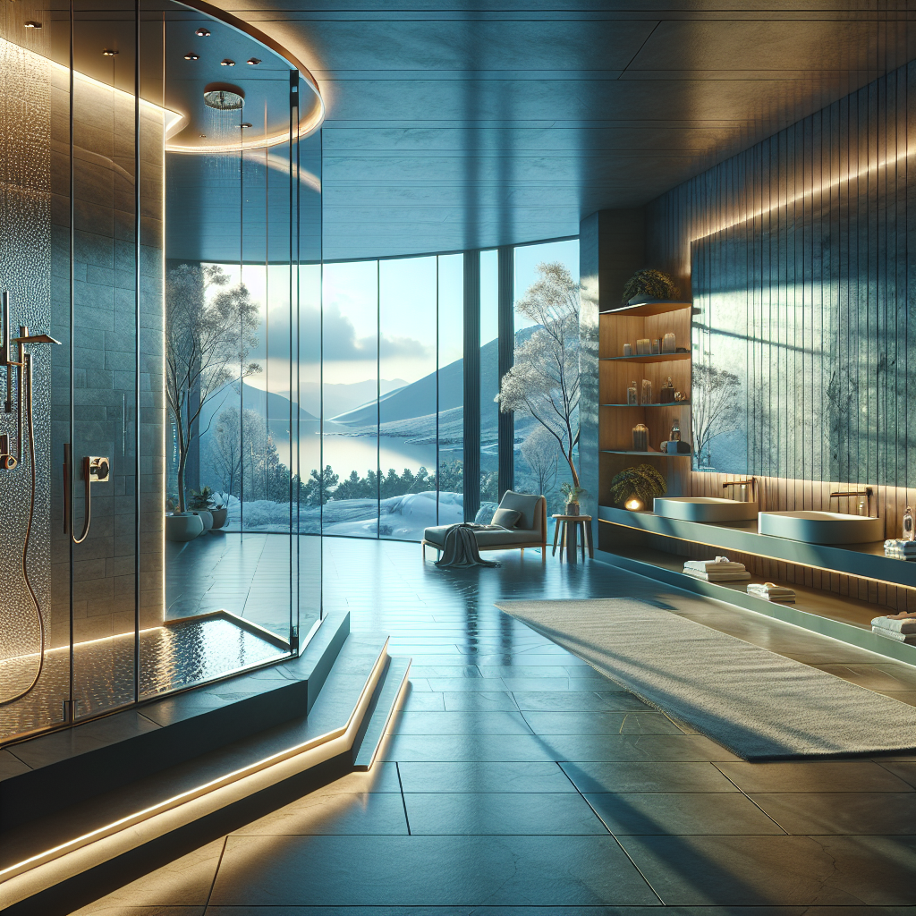 Photo-realistic glass shower installation with tempered glass, seamless silicone seams, and sleek aluminum frame, reflecting light in a modern bathroom.
