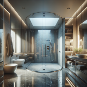 Photo-realistic luxury glass shower installation with tempered glass, seamless silicone seams, and aluminum frame. Reflects natural light for a stunning effect.
