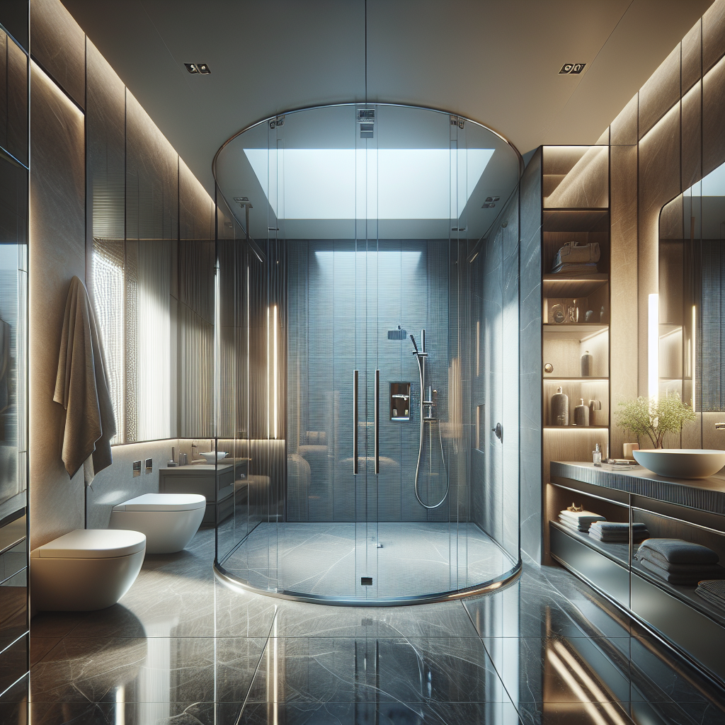 Photo-realistic luxury glass shower installation with tempered glass, seamless silicone seams, and aluminum frame. Reflects natural light for a stunning effect.