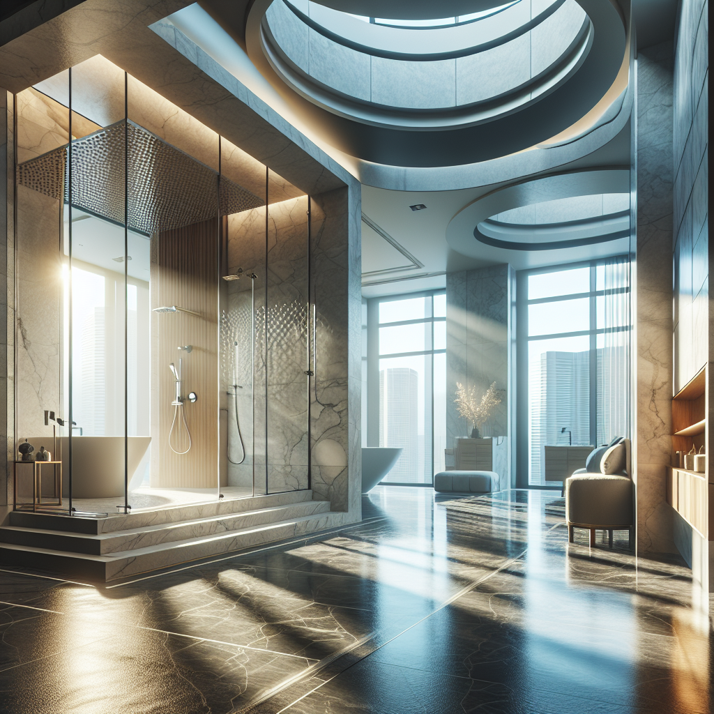 Semi-frameless shower door installation with tempered glass, minimal hardware, and realistic reflections.