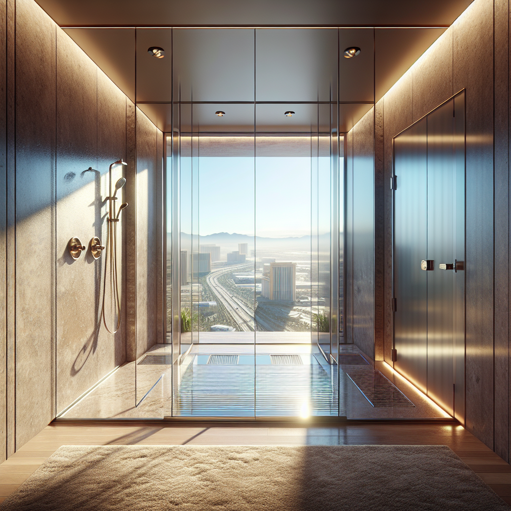 Realistic glass shower door with aluminum frame, silicone seams, and clear reflections.