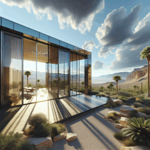 Photo-realistic tempered glass patio door installation with sleek aluminum frame, advanced thermal technology, and stunning reflections of natural light.