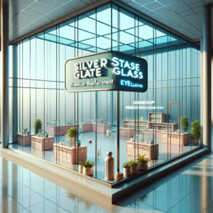 Realistic glass installation with aluminum frame and silicone seams in a storefront.