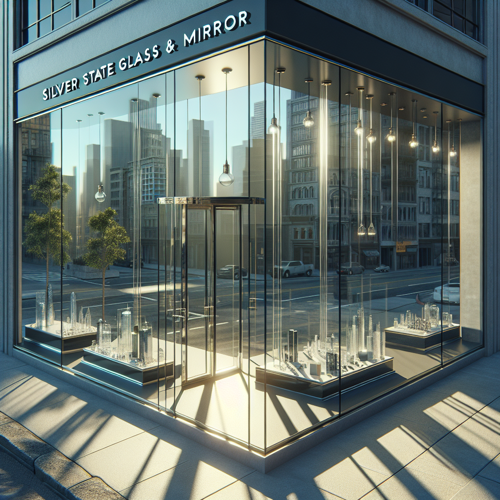 Photo-realistic glass storefront installation with aluminum frame and reflective surfaces