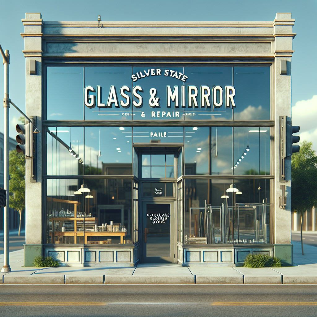Realistic glass storefront with aluminum frame and reflective surfaces.