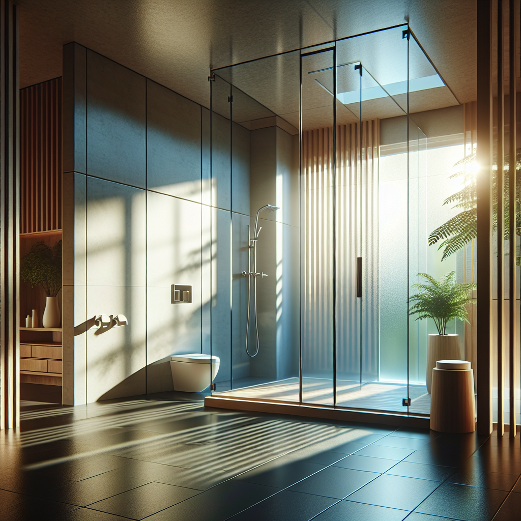 Photo-realistic glass shower door installation with tempered glass, seamless silicone seams, and aluminum frame reflecting light in a luxurious bathroom.