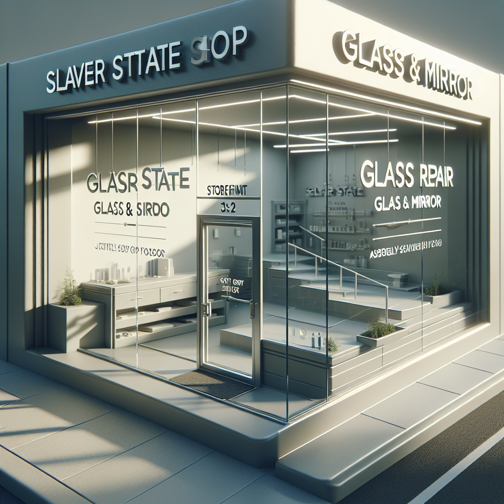 Photo-realistic glass installation in a modern storefront with tempered glass, silicone seams, and aluminum frame, reflecting light and creating realistic reflections.