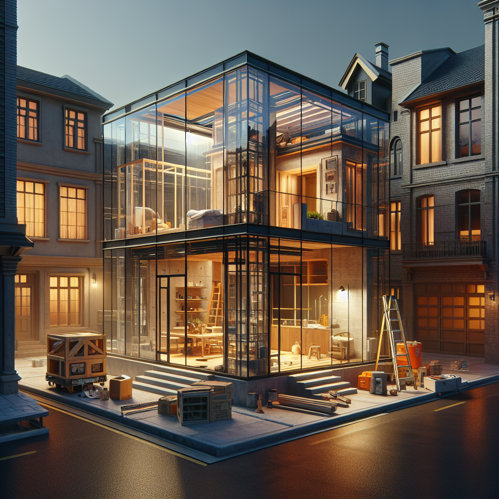 Photo-realistic tempered glass storefront installation with sleek aluminum framing and silicone seams, capturing natural light and reflections.