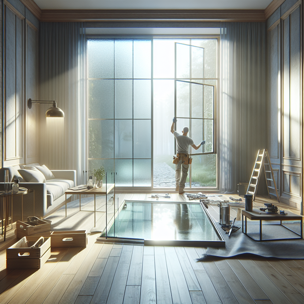 Photo-realistic glass installation with silicone seams and aluminum frame, perfect for commercial and residential use, providing realistic reflections and natural lighting.