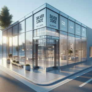 Realistic glass storefront with aluminum frame and energy-efficient tempered glass. Reflects light and enhances aesthetic appeal.