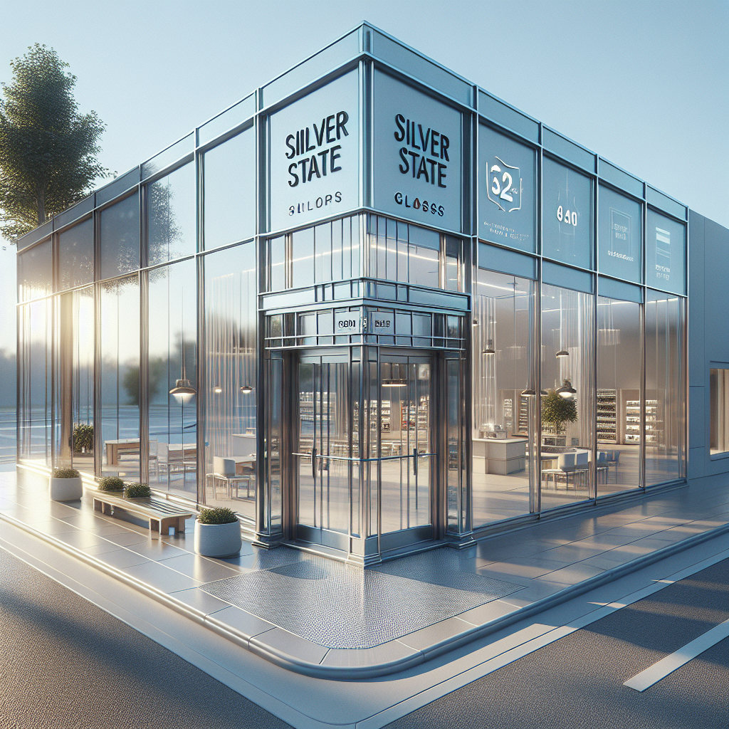 Realistic glass storefront with aluminum frame and energy-efficient tempered glass. Reflects light and enhances aesthetic appeal.