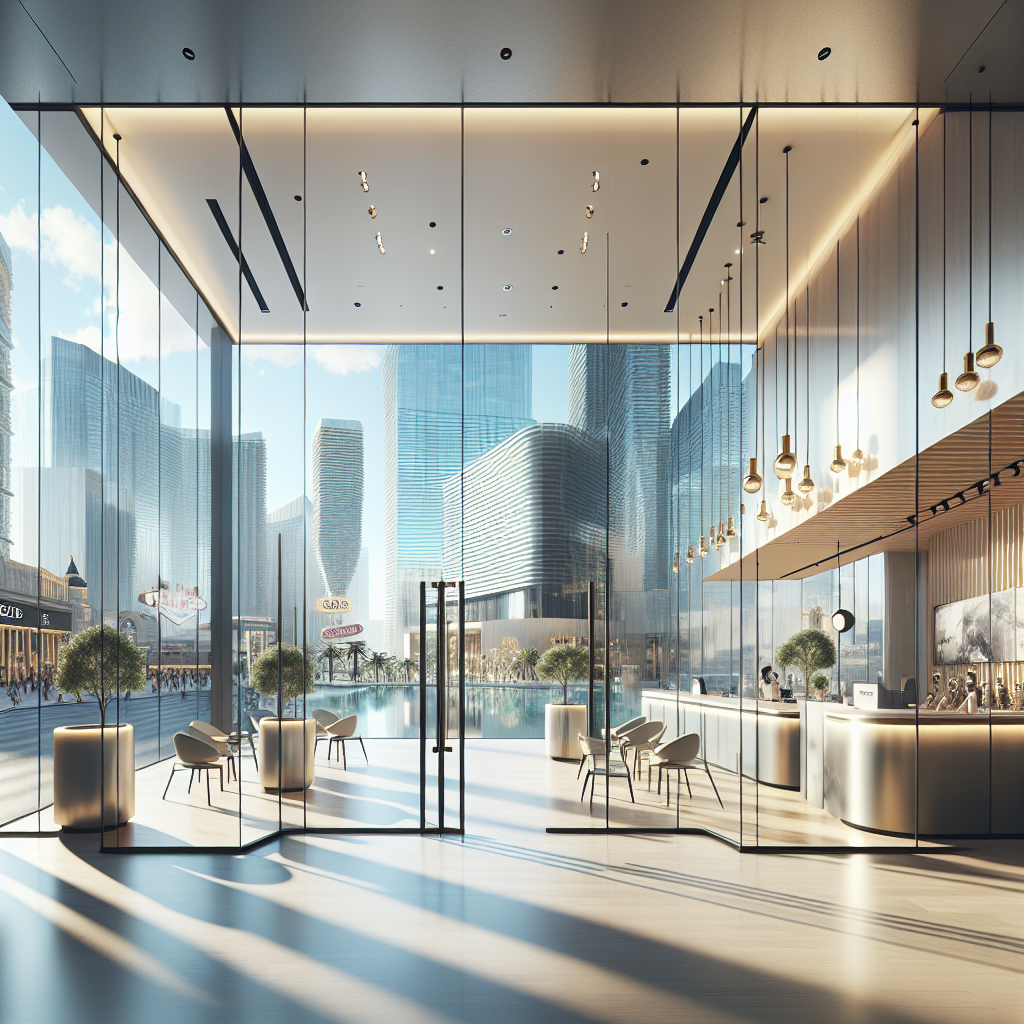 Photo-realistic glass installation with tempered glass, silicone seams, and aluminum frame, creating reflections and enhancing natural lighting.