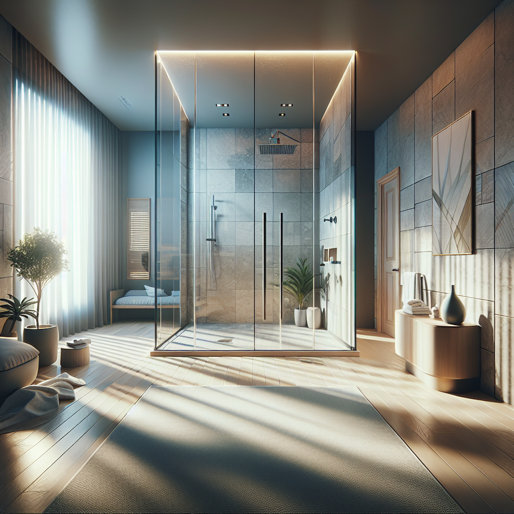 Photo-realistic semi-frameless glass shower door with sleek aluminum framing and tempered glass panels, reflecting light in a modern bathroom.
