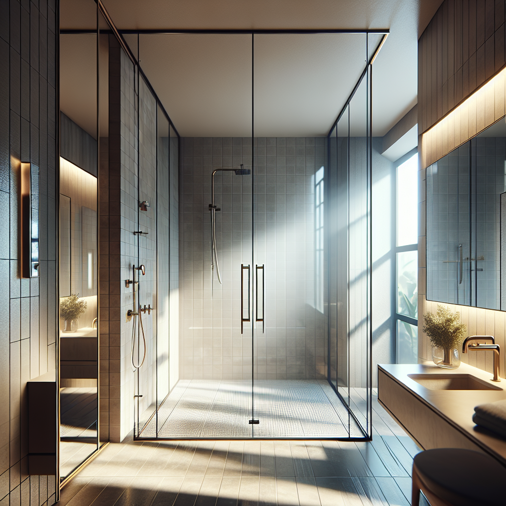 A modern and sleek semi-frameless glass shower door with aluminum frame and reflective surfaces in a bright bathroom setting.