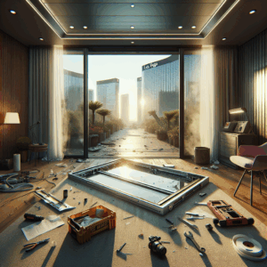 Photo-realistic glass installation in modern storefront with tempered glass, silicone seams, and aluminum frame; realistic reflections and light.