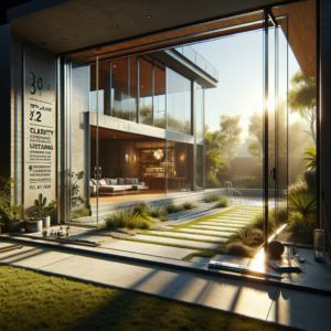 Photo-realistic sliding glass door replacement in modern home environment with tempered glass and aluminum frame.