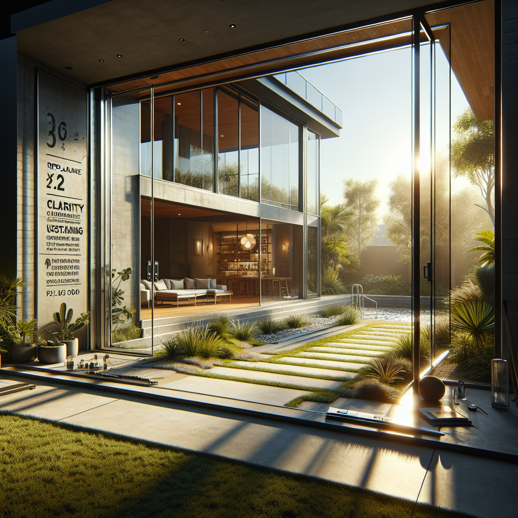 Photo-realistic sliding glass door replacement in modern home environment with tempered glass and aluminum frame.