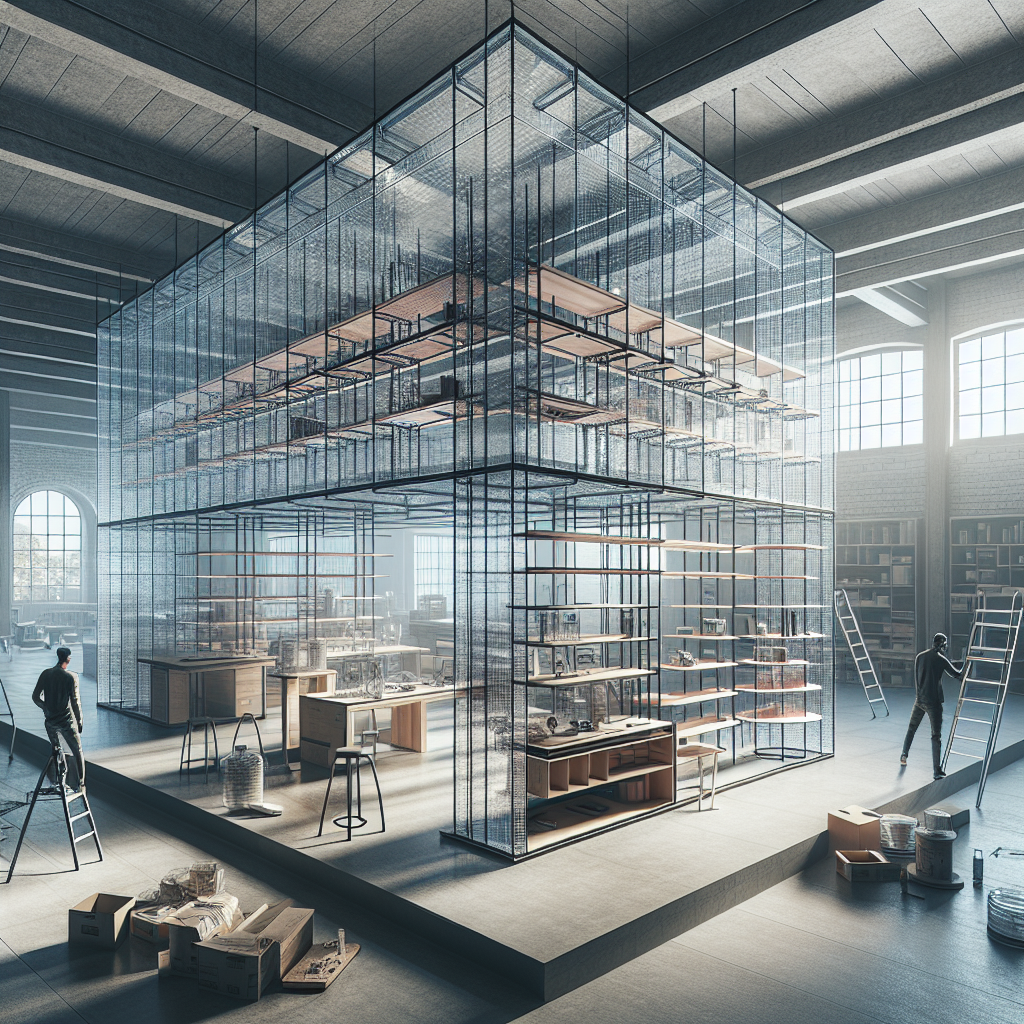 =Custom glass shelving installation in a modern space.