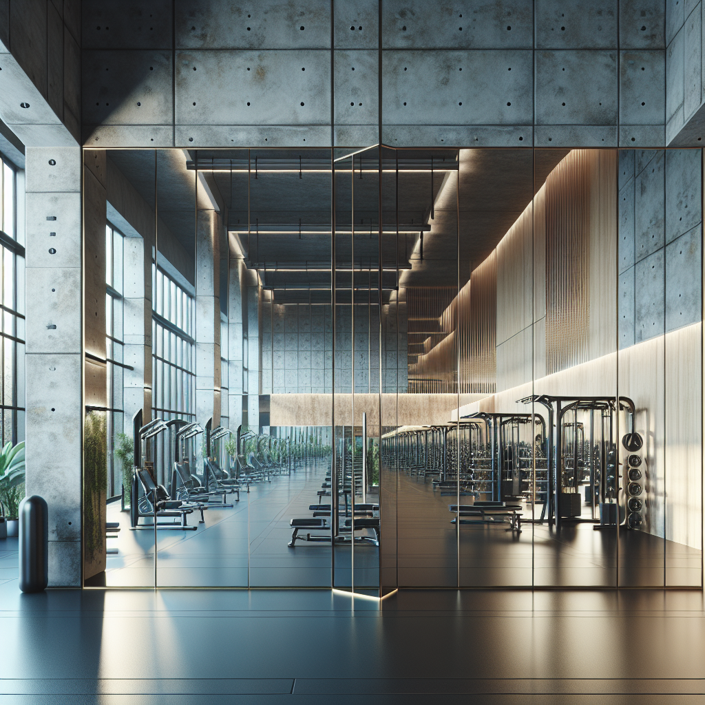=Gym mirror wall installation in gym setting.