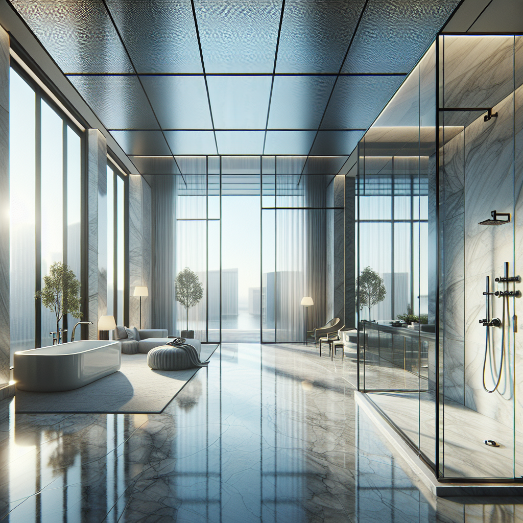 =Luxury glass shower door installation with environmental cues.