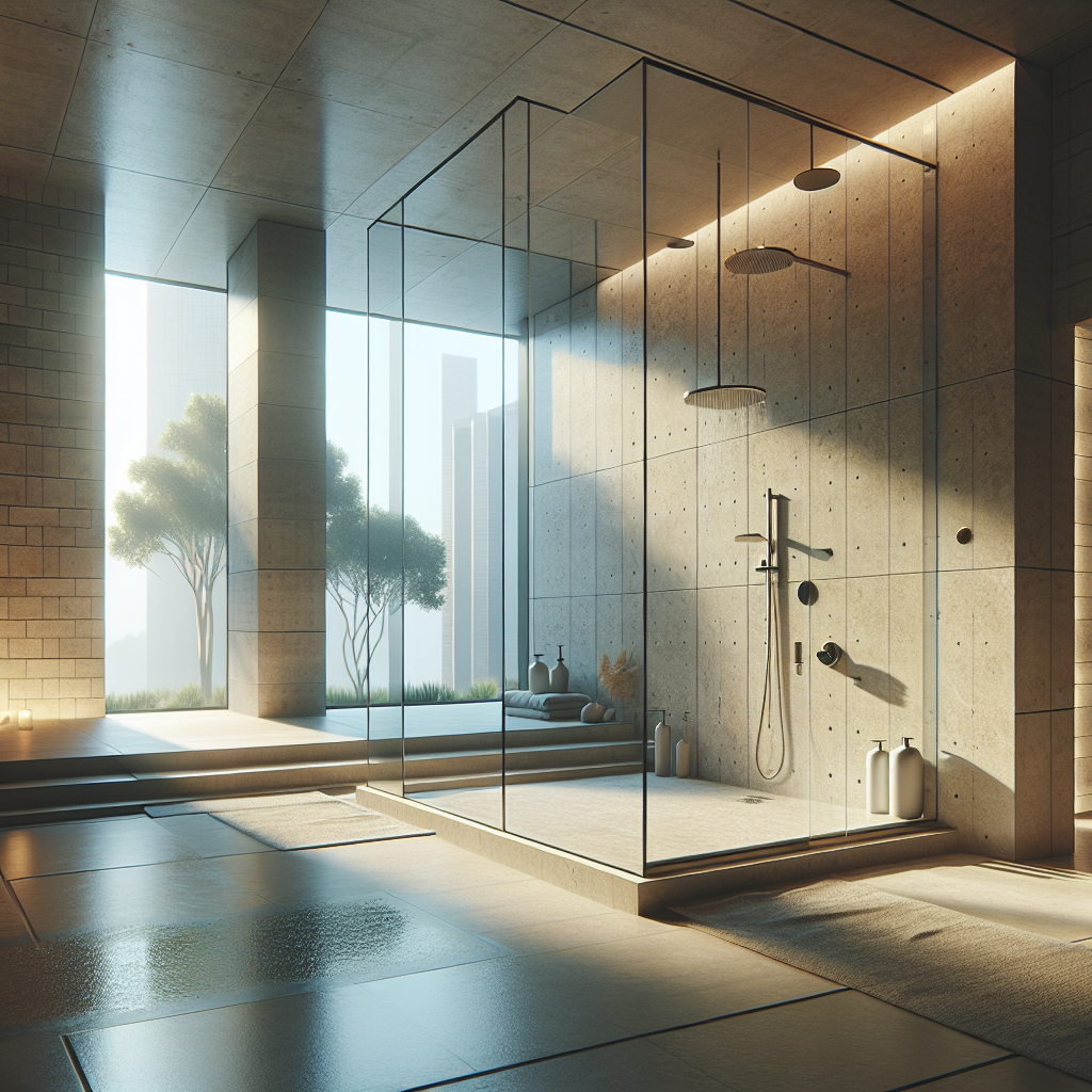 =Luxury glass shower door installation in modern bathroom environment.