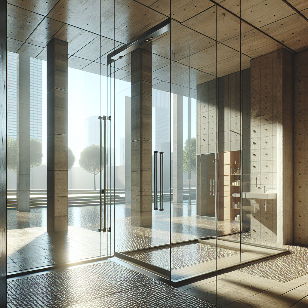 =Pivot glass shower door installation in modern bathroom.